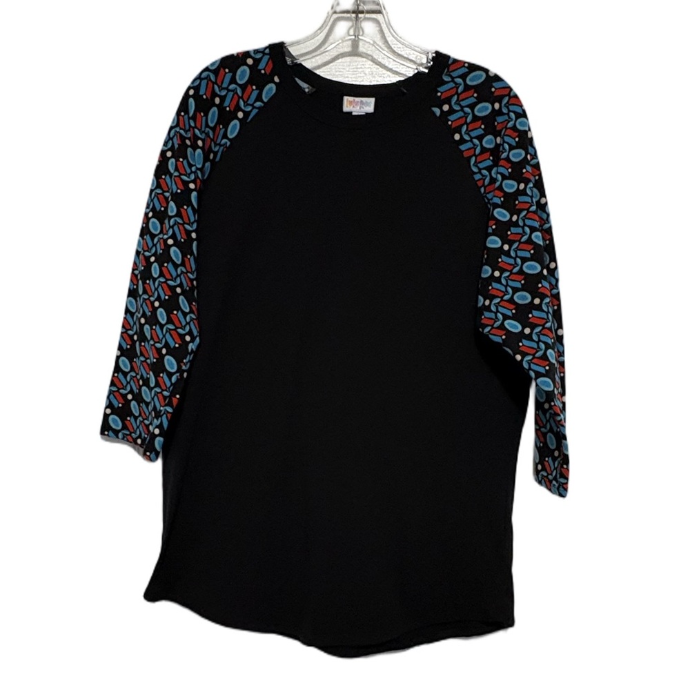 LuLaRoe Randy Tee Black with Blue Patterned Sleeves - Picture 1 of 4